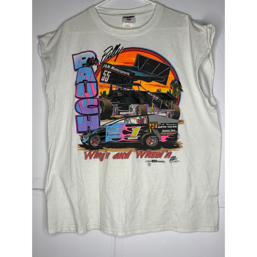 Vintage‎ Billy Pauch Racing Shirt 2000 Jerzees Tank Top White 2XL Wingn Wheeln